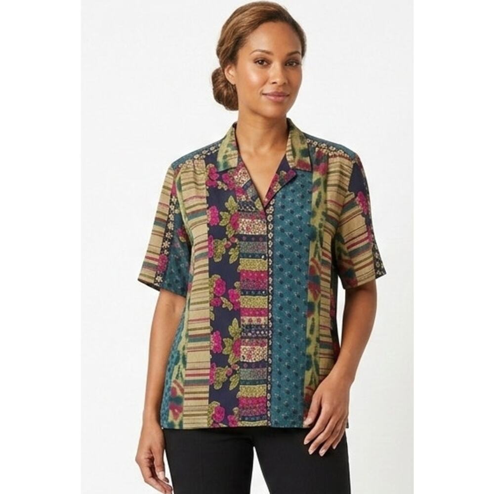 DONNKENNY Women's Vintage Pluse Size Blouse Top 2X Polyester Floral Stripes